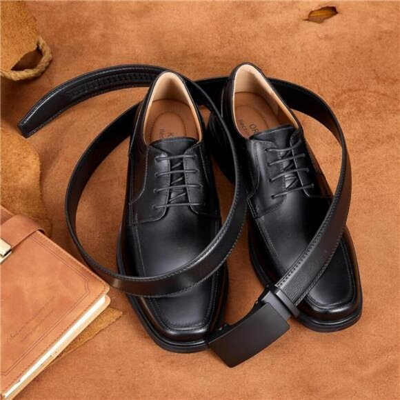 Mens Leather Ratchet Belt Adjustable Slide Buckle Dress Casual Work Jeans - Picture 2 of 7